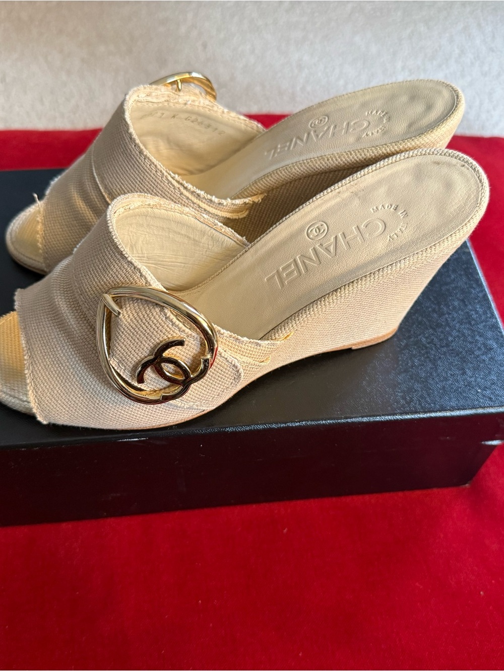 CHANEL Beige Canvas Wedge Slides with Gold CC Heart Buckle